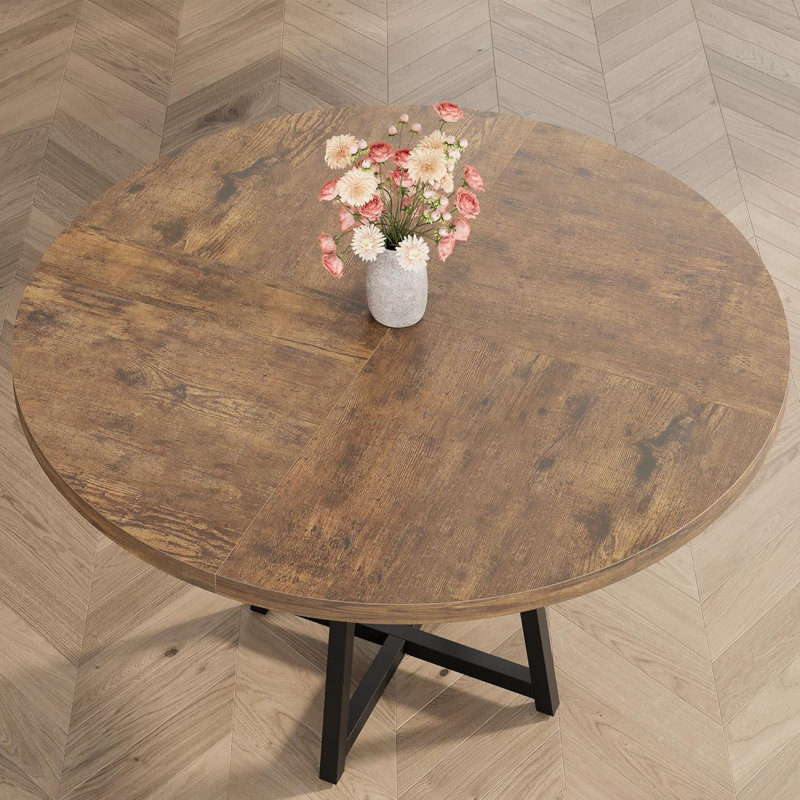 Industrial Round Dining Table, 47 Inch Round Kitchen Table for 4, Dinner Table with Wooden Top and Metal Base for Dining Room, Living Room