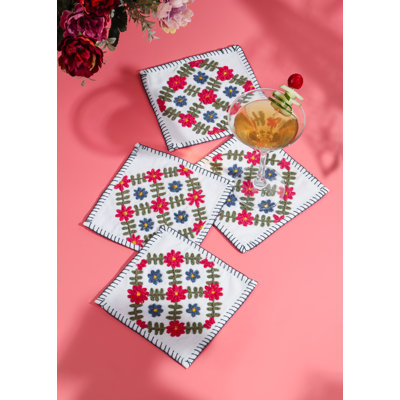 Verdant Bloom Hand-Embroidered Cocktail Napkins