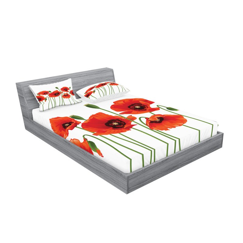 Ambesonne Floral Fitted Sheet & Pillow Sham, Red and Green, Full Sheet Set + 5 Additional pieces