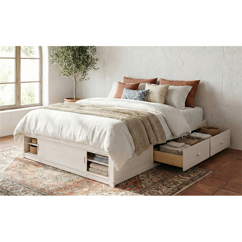 Base de lit plateforme avec 4 tiroirs de rangement et pied de lit, Blanc