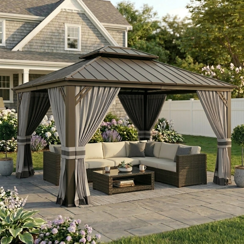 12' X 14' Outdoor Hardtop Gazebo With Galvanized Steel Roof, Gray Curtains And Mosquito Netting