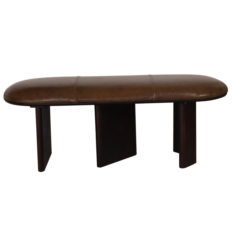 Banc rembourré 48 po en cuir véritable brun et bois massif, Noir