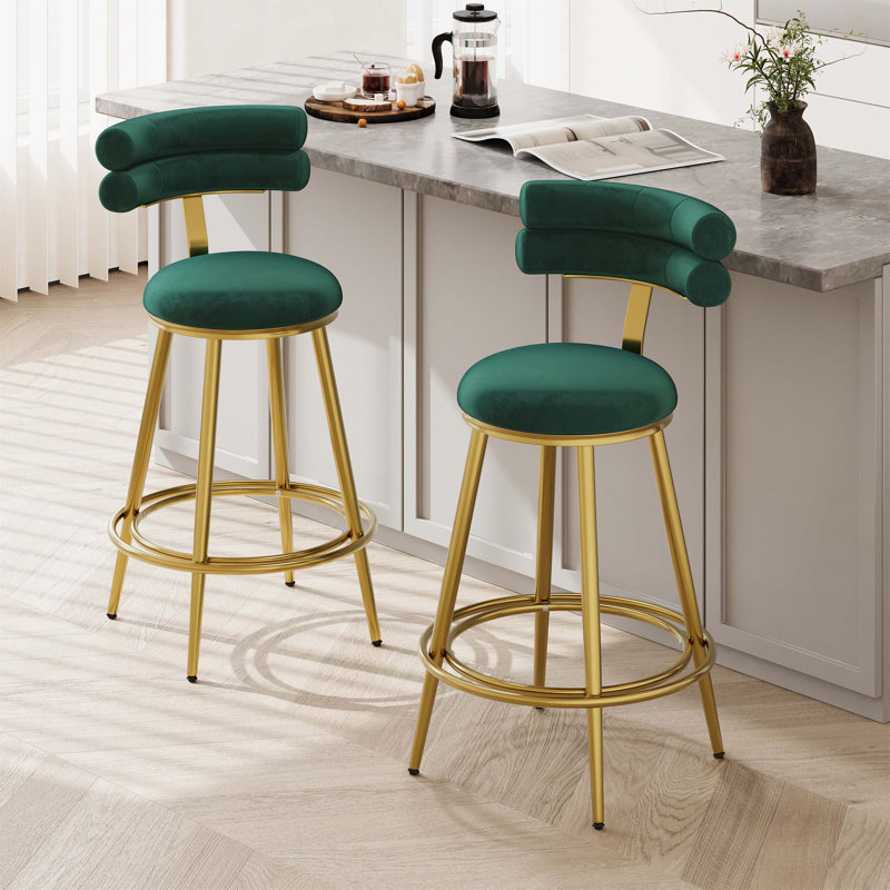 Ensemble de deux tabourets de comptoir modernes avec structure en fer, dossier et coussin moelleux, repose-pieds, idéal pour la cuisine, la chambre à coucher ou la salle à manger