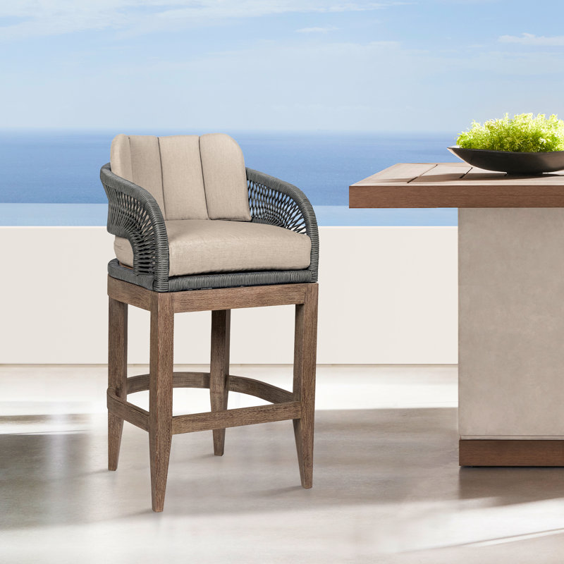 Hareton Outdoor Counter or Bar Stool in Eucalyptus Wood with Gray Rope an Olefin Cushions, 26" H