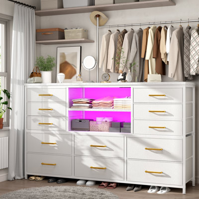 12-drawer Dresser With Led Lights & Outlets - Metal Frame Tv Stand For 60'' Screens, Versatile Use