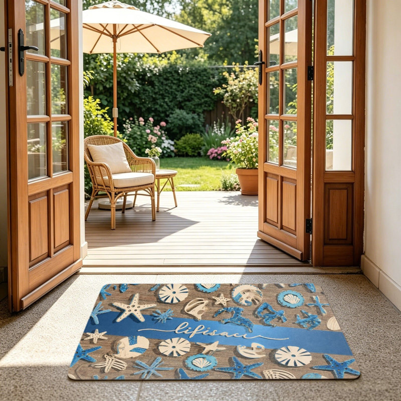 Wooden Ocean Element Door Mat, 24 x 36 in, Blue & Brown Indoor Outdoor Entry