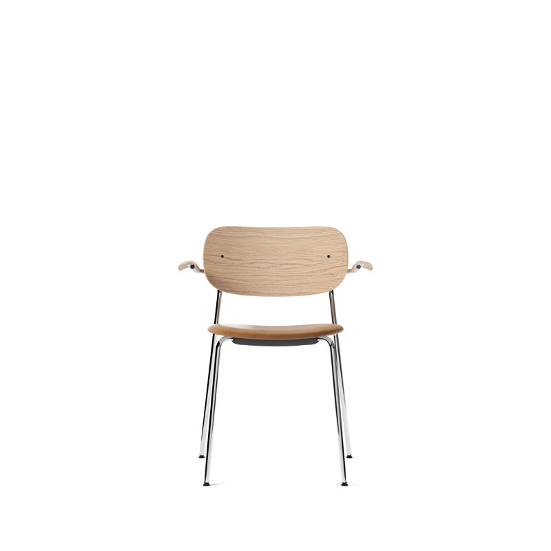 Co Upholstered Arm Chair, Natural Oak, Chrome, Brown Leather