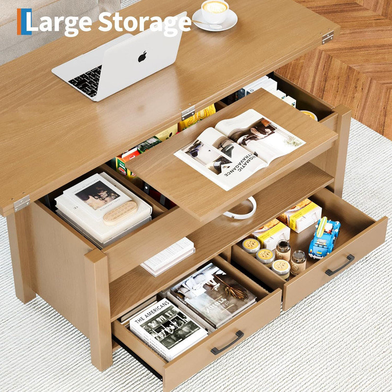 Table basse à plateau relevable 40 po, convertible en table de salle à manger multifonctionnelle avec tiroirs et rangement