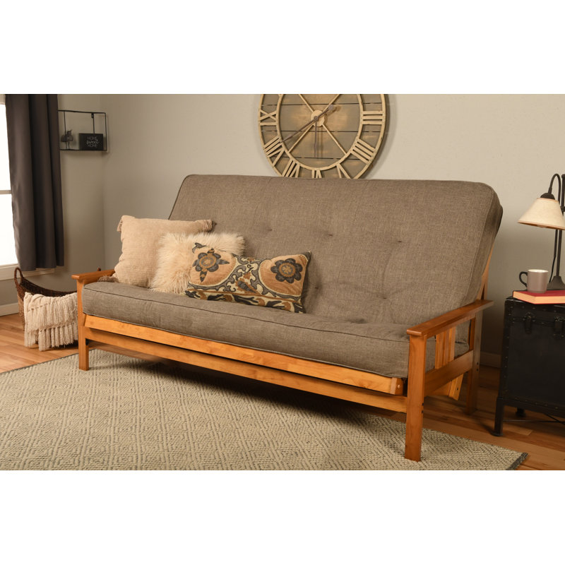 Johnte Queen 86" Futon Frame and Mattress, Butternut, Linen Stone, Premium Pocket Coil