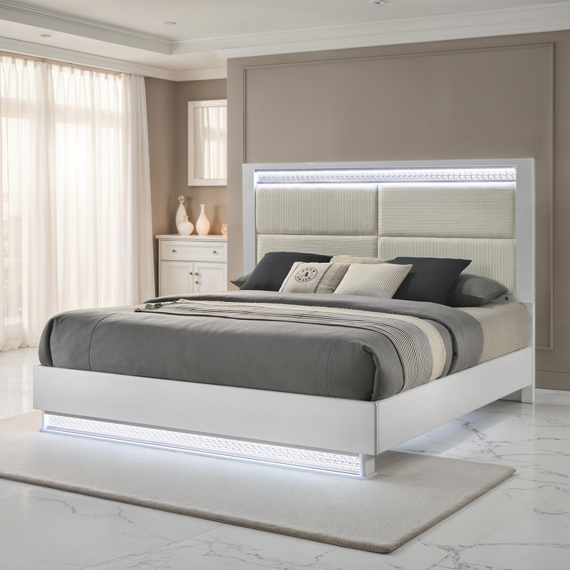 Lashell Upholstered Bedroom Set with LED Lighting, 4 Pcs: Bed, Dresser, Nightstand, Mirror, Queen