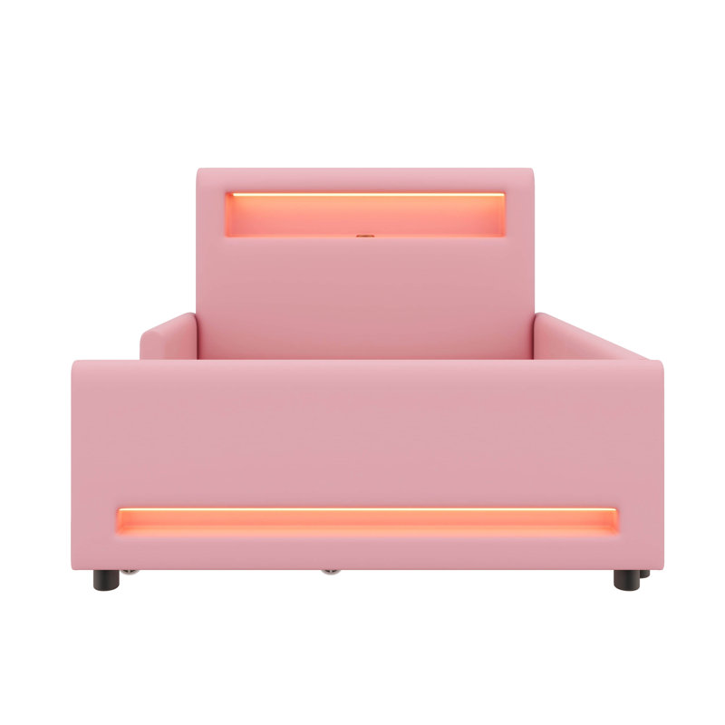 Lit plateforme simple rembourré avec tiroir intégré, bande lumineuse à DEL et port USB, Lit simple, Rose