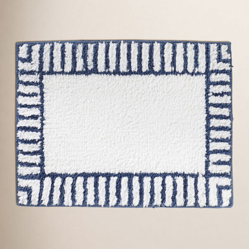 Ensemble de 2 tapis de salle de bain à poils longs Inaya, MOYEN - ensemble 2 pièces, Blanc / Bleu marine