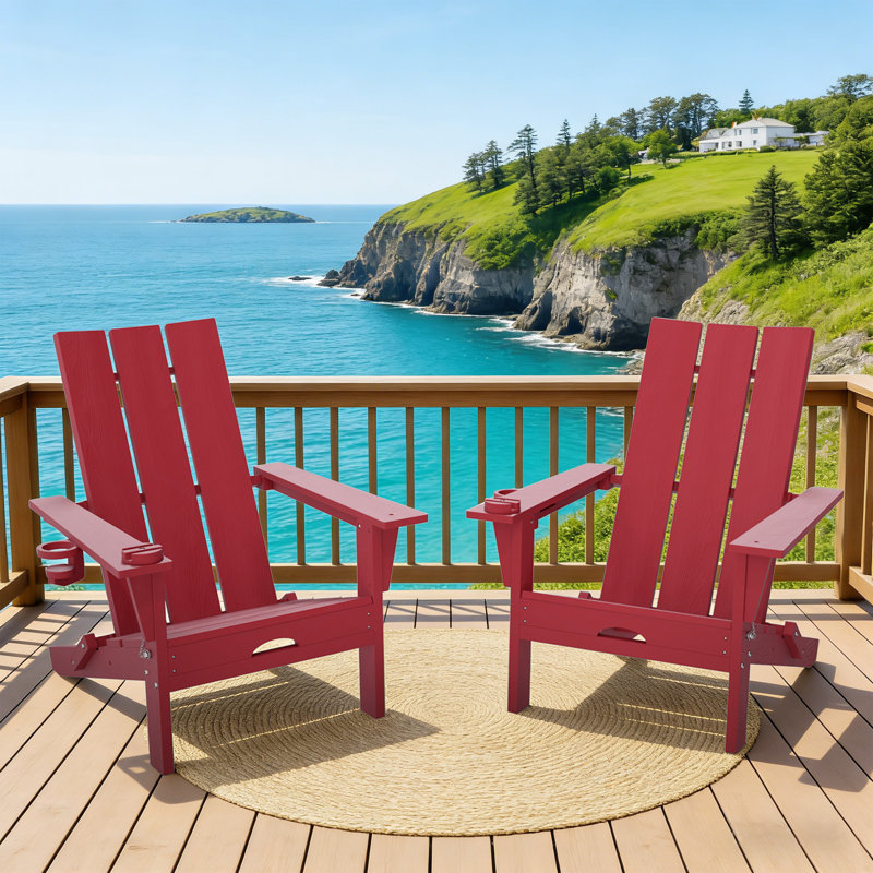 Maillet 2 Person Outdoor HDPE Folding Adirondack Chairs With Cell Phone Stand (Set Of 2), Red