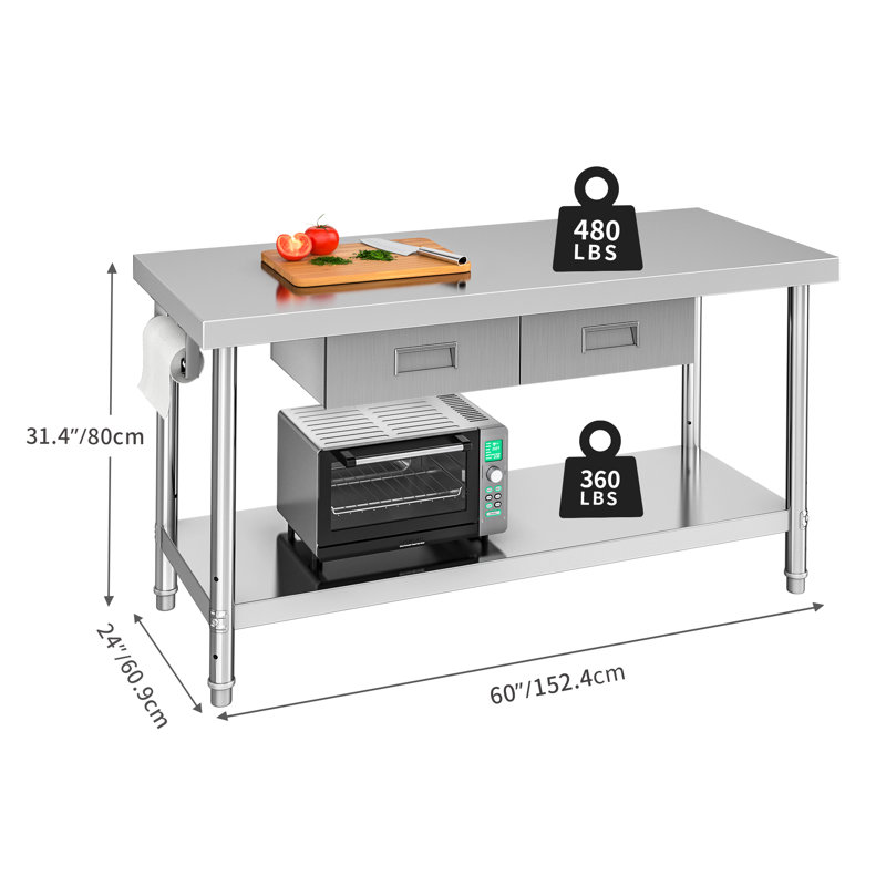 Tables de travail en acier inoxydable l 24,00 po x H 31,40 po Edrosie Inc, H 31,4 po x L 60 po x P 24 po