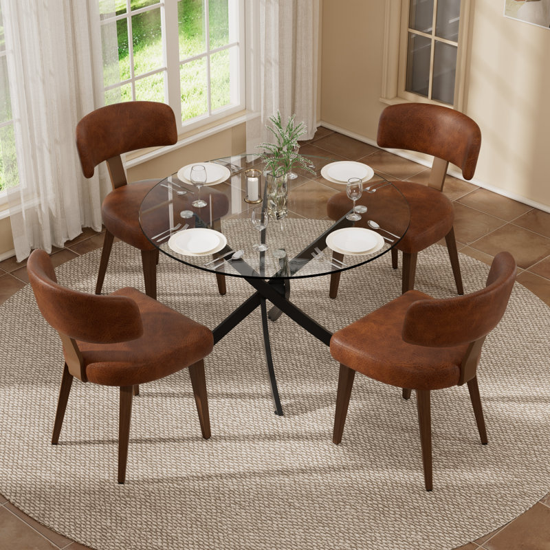 Modern Tempered Glass Dining Table Set With PU Leather Chairs, 36/47-Inch Kitchen Dining Set For 2/4/6 People, Contemporary Easy-To-Clean Dining Furniture Set