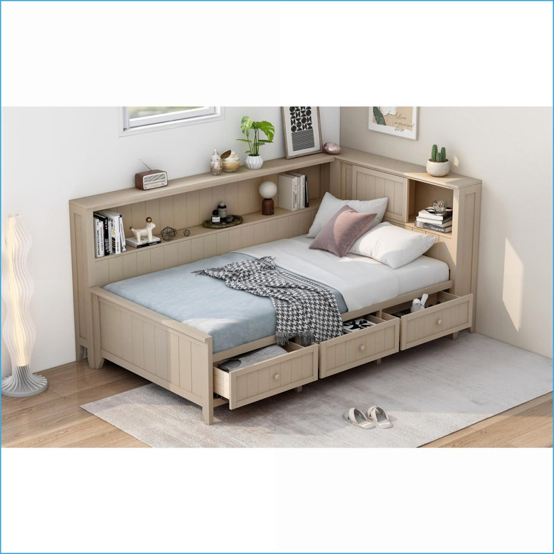 Twin Size Pine Wood Storage Daybed with 3 Drawers &amp; Shelves, Antique White Milk – No Box Spring Needed, Twin