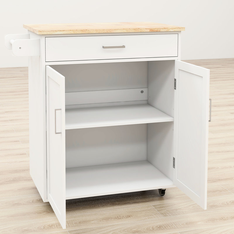 Kitchen Island With Adjustable Shelves, Drawer, Towel Rack & Stable Construction White Lockable , Double Doors, Solid Rubber Wood Top