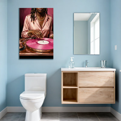 Fashion Woman With Pink Vinyl Record Player