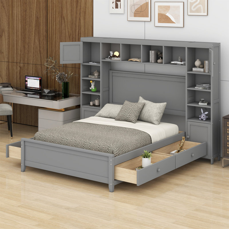 Lit avec armoire et tablette tout-en-un, Gris