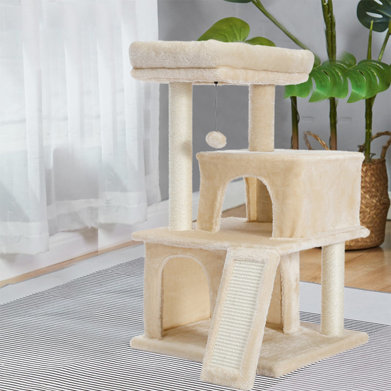 33 Inches Cat Tower with Dual Condos for Indoor Cats, Plush Cat House with Padded Perch, Scratching Ramp and Posts，Beige