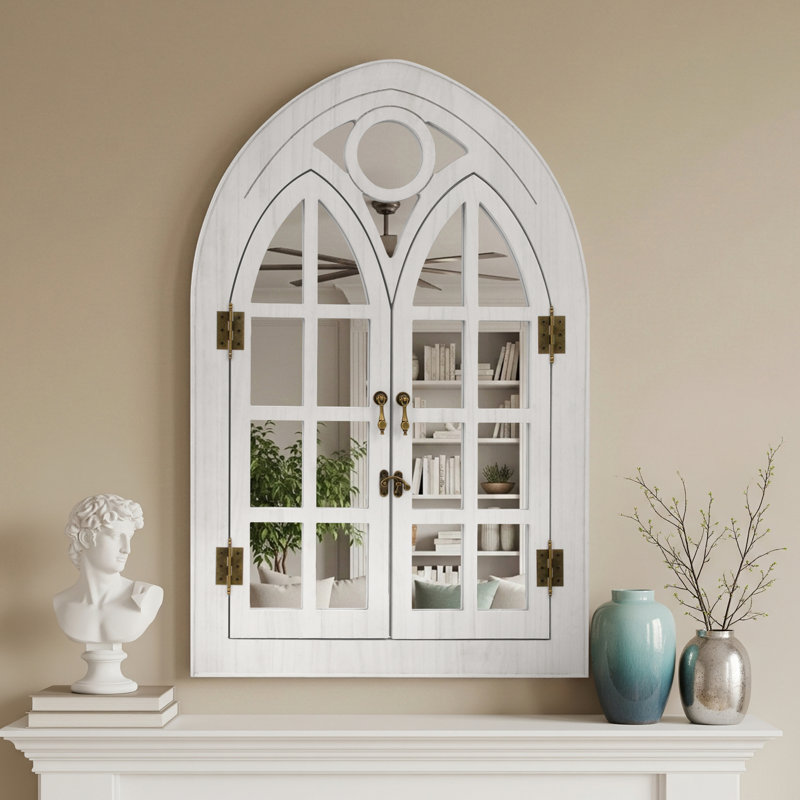 Solid Wood Arched Window Mirror With Opening Doors – Farmhouse Wall Mirror For Bathroom Vanity, Rustic Decorative Mirror