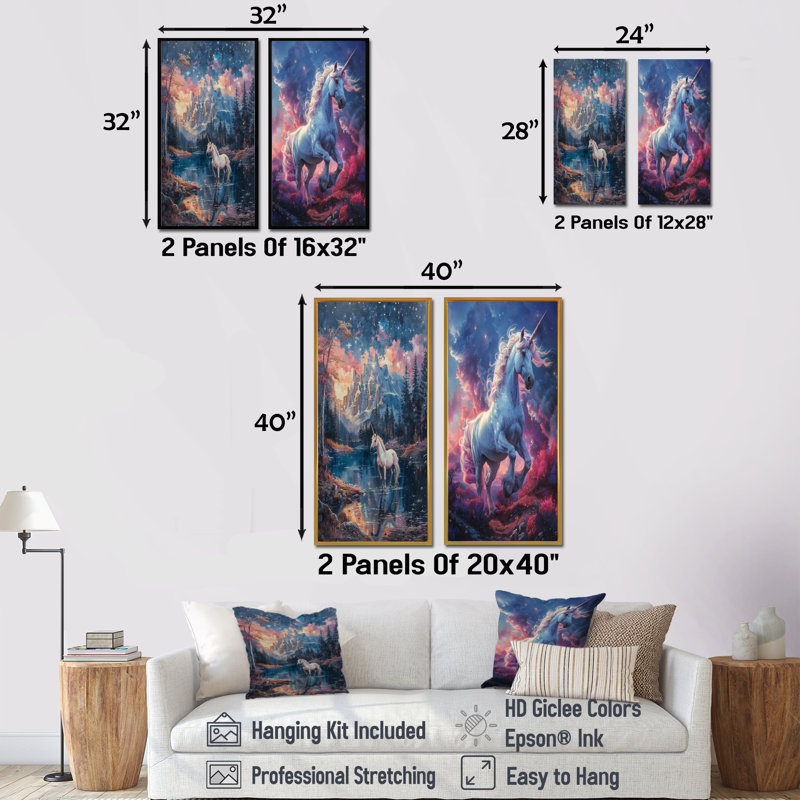 Ensemble de 2 licornes roses et bleues dansant d'été I - licornes, H 28 po x l 24 po, Impression encadrée, Blanc