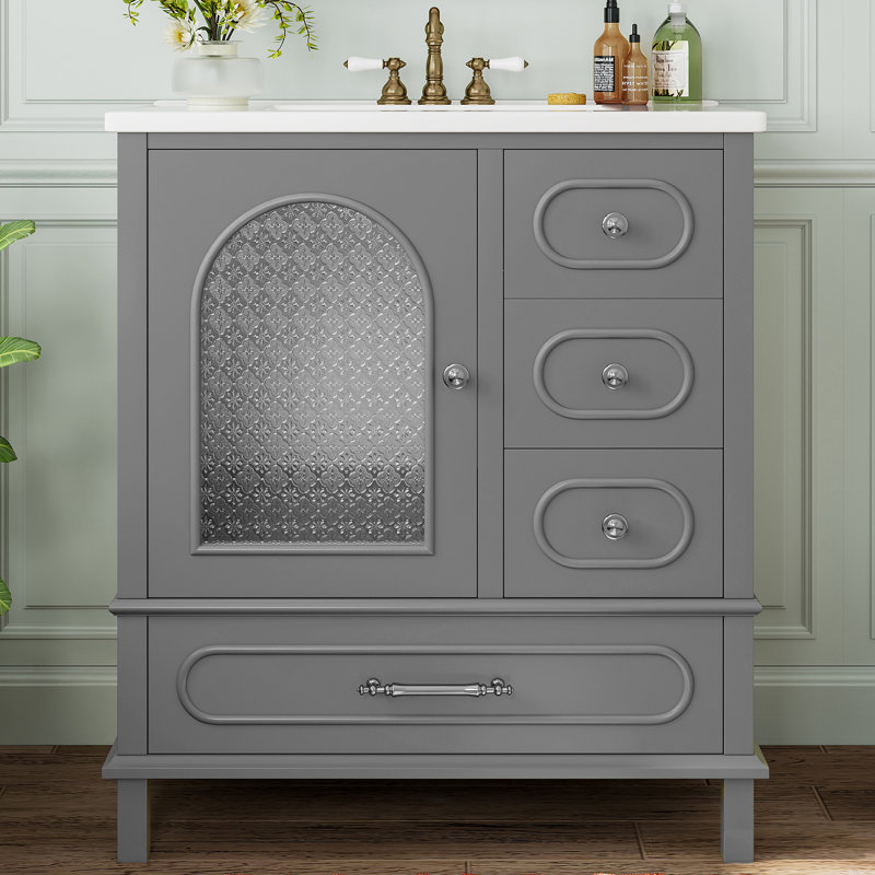 Meuble-lavabo 30 po avec lavabo en céramique et portes semi-transparentes, Gris
