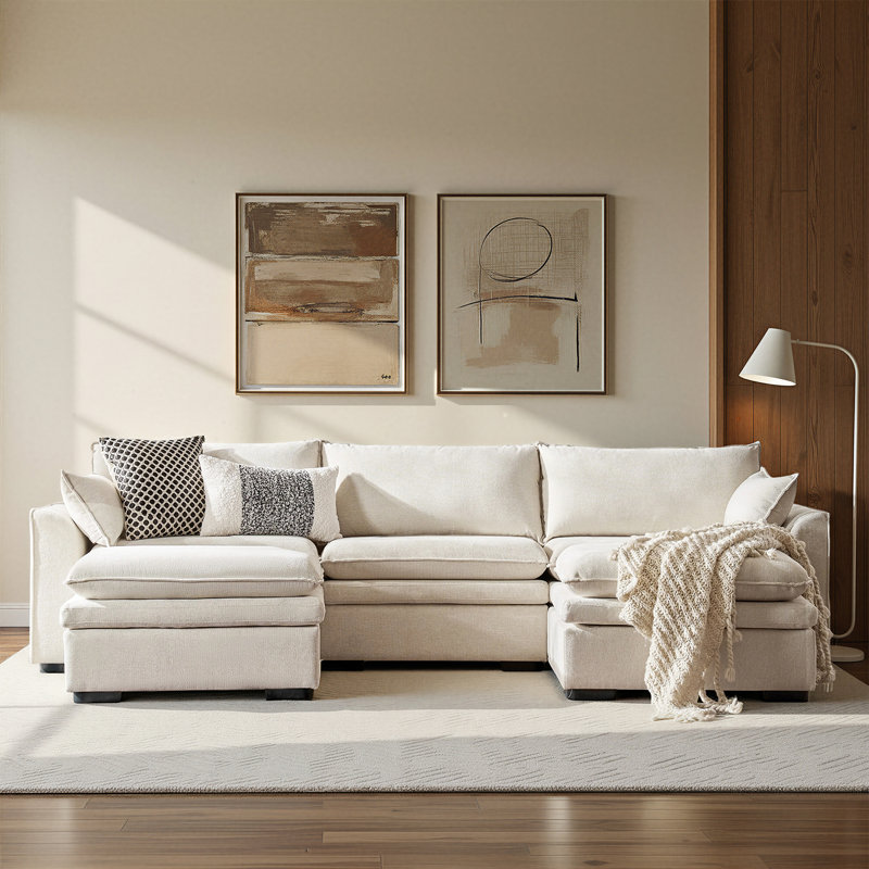 Wolff Modern 121" 5-Piece Oversized Sectional Sofa with Double-Cushion, Ivory