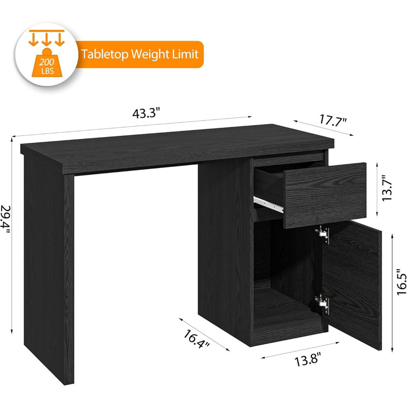 Computer Desk with Drawer - 43 Inch Wooden Desk with Storage Cabinets, Black