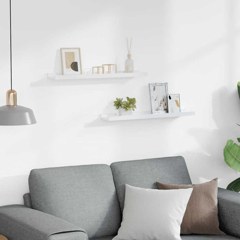 Wall Shelf Set of 2 High Gloss White MDF 23.6 x 3.5 x 1.2 in Floating Wall Shelves, 1.2" H x 3.5" W x 23.6" D