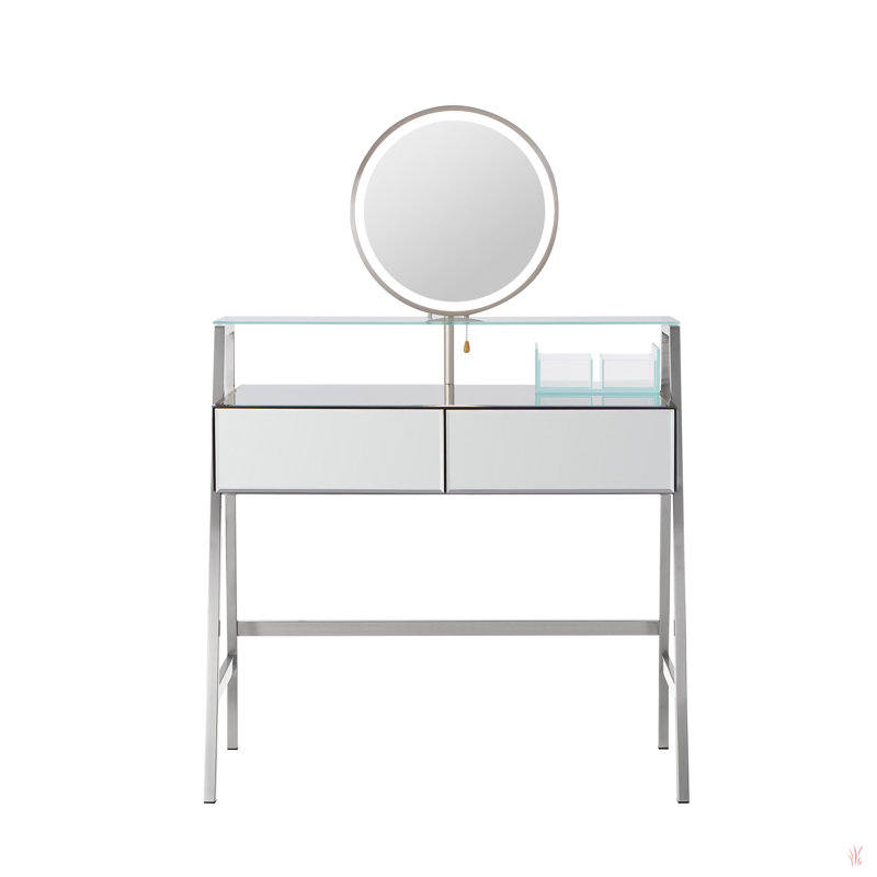 33.9" Mirrored Makeup Vanity Desk With Mirror And Lights, Mirrored Console Vanity Table With 2 Big Drawers & Open Shelf, Dressing Table With Charging Station For Bedroom, Silver
