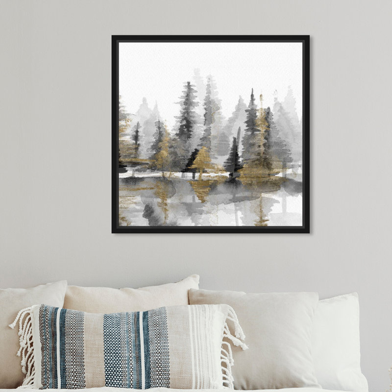 " Golden Reflection III, Forest Lake Reflection " Painting Print, Black Floater Framed, 12" H x 12" W x 1.75" D