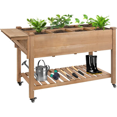 Lit de jardin surélevé avec roues, jardinière surélevée mobile en bois avec tablette de rangement, doublure, assemblage facile