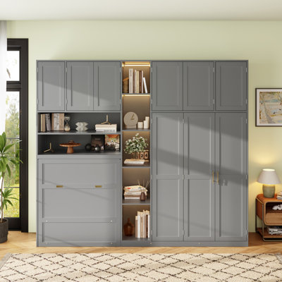 Murphy Cabinet Bed with Wardrobe & Storage Shelves, 5-Tier LED Display Shelves, Overhead Cabinets