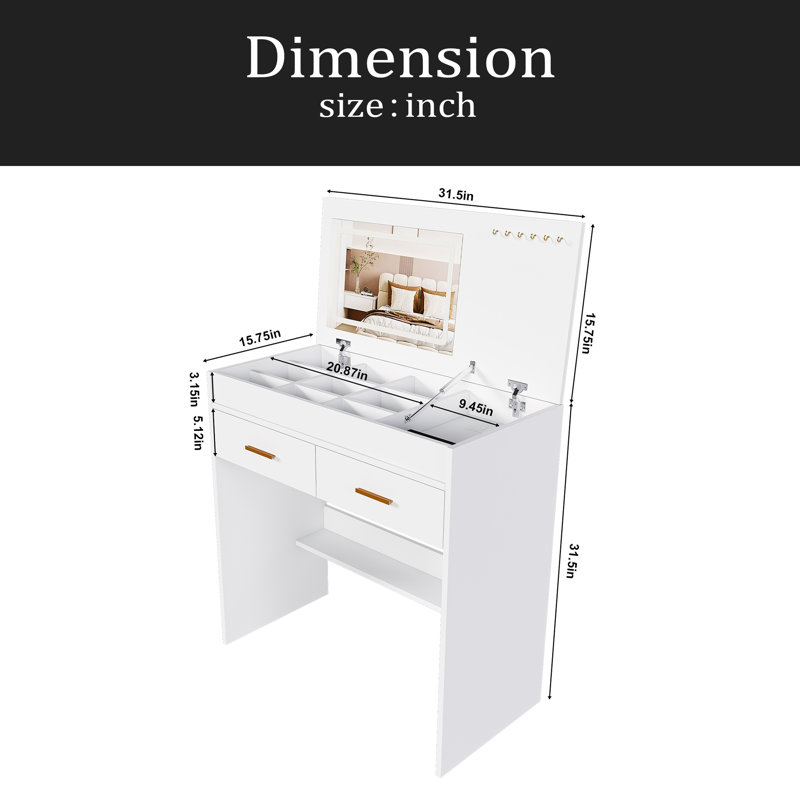 Bureau de meuble-lavabo rabattable avec miroir à DEL et prise de courant intégrée - coiffeuse de maquillage avec 2 tiroirs, rangement ouvert