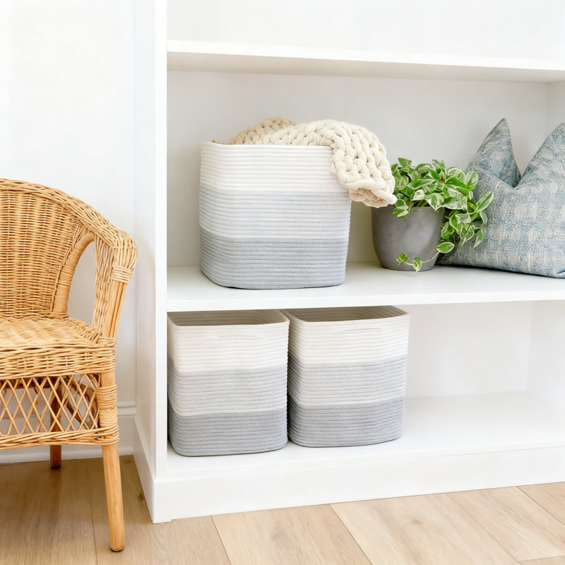 Storage Cube Bins 3-Pack, Woven Cotton Rope Organizer Baskets With Reinforced Handles For Shelves, Toy Storage And Home Organization