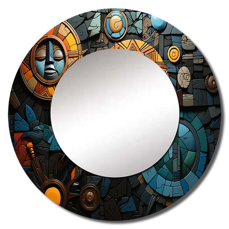 Sester African Cultural Mosaic - African Art Decorative Mirror, Turquoise Large Round Wall Mirror, Printed Metal Art