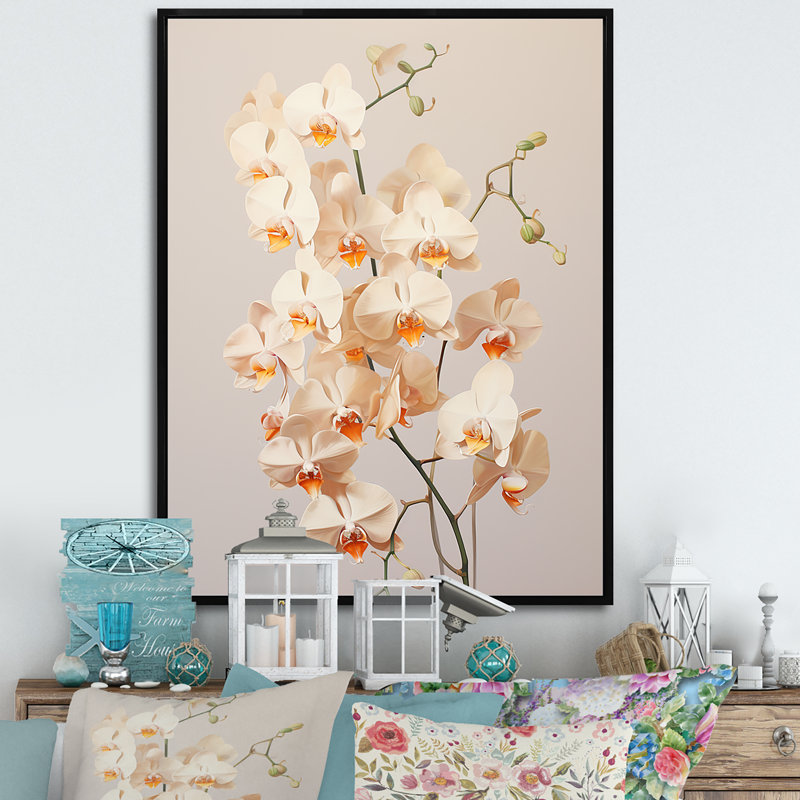 Orchidées beiges tranquillité V, H 32 po x l 24 po x P 1 po, Cadre flottant noir