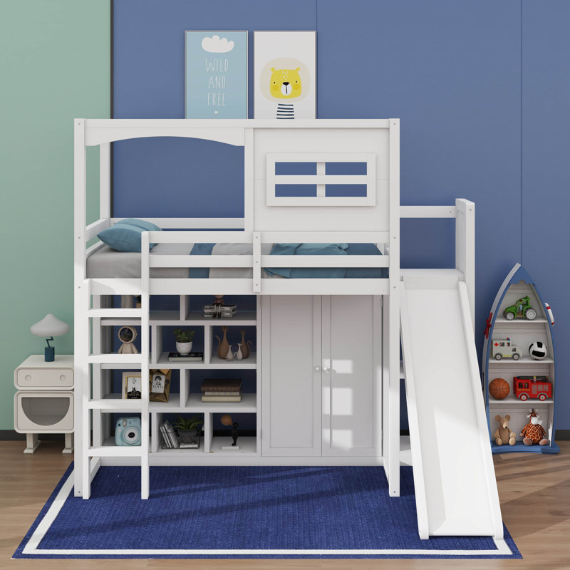 Lit mezzanine simple avec garde-robe, tablettes de rangement, glissoire et DEL