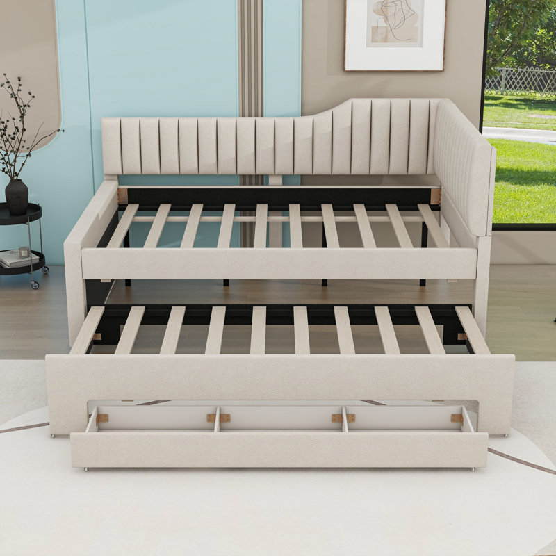 Wooden Upholstered Three Drawers Daybed with Trundle and Slats, Beige, Full