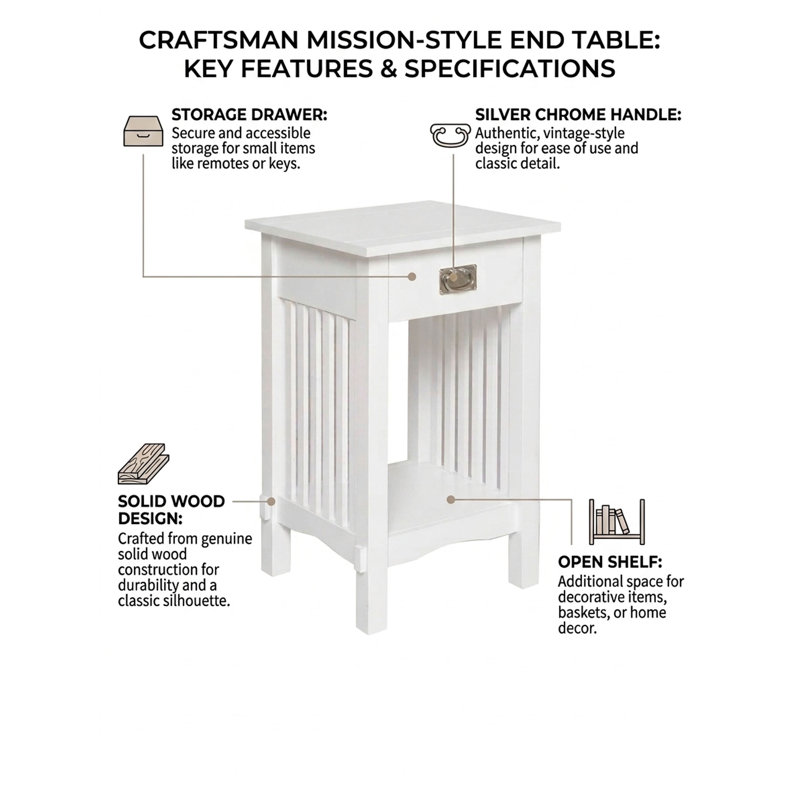 Solid Wood End Table with Storage, White