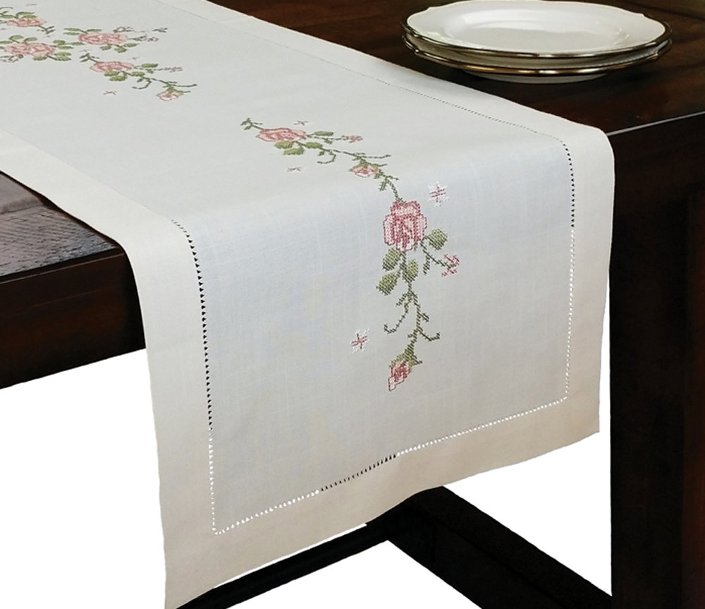 Roses Embroidery with Hand Rendered Cutwork Table Runner Xia Home Fashions 
