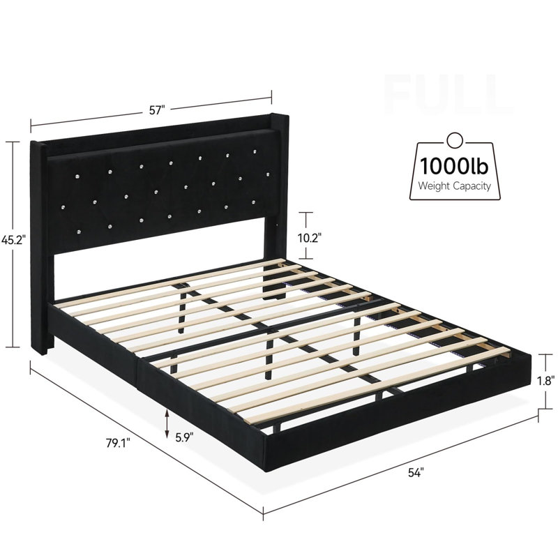 Floating Bed Frame With LED Lights, Upholstered Bed Frame With Headboard And Storage, Queen