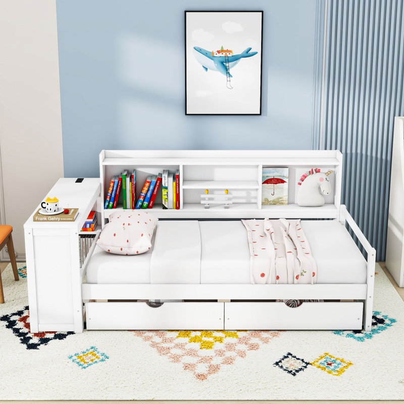 Lit de jour simple en bois avec bureau, station de charge et 2 tiroirs, Blanc