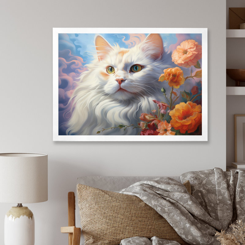 Portrait d'un chat gracieux avec fleurs - impression, Cadre simple blanc, H 24 po x l 32 po x P 1 po
