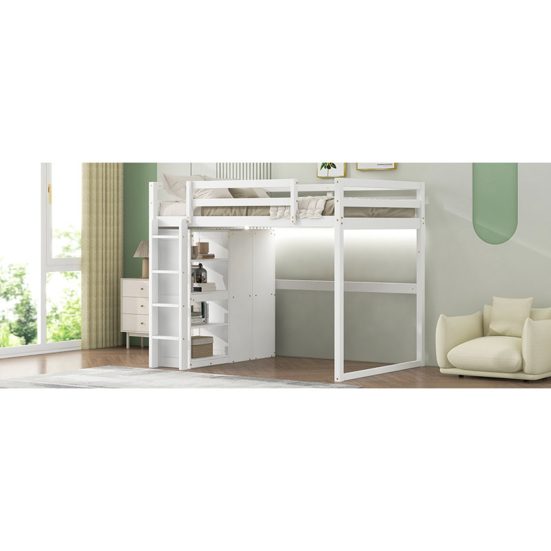 Wood Full Loft Bed With Wardrobe, Storage Shelves & Led - White Tone Size Built-In Wardrobe Nuance Flashlight, White