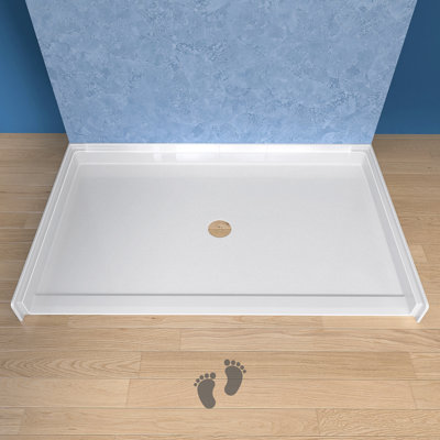 62 In L X 38 In W ADA Low Threshold Center Drain Shower Base With Slope Type Threshold, Matching Glossy Surface Open Design, Wheel Chair Access, Low Profile, White