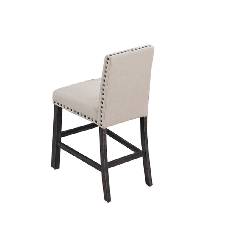 Salle à manger avec 2 tabourets de comptoir, garniture cloutée, finition en bois gris antique, revêtement naturel, dossier, chaises rectangulaires, bois d'ingénierie, lin, rembourrage en mousse, chaise à assemblage rapide 2, pieds, mélange de lin