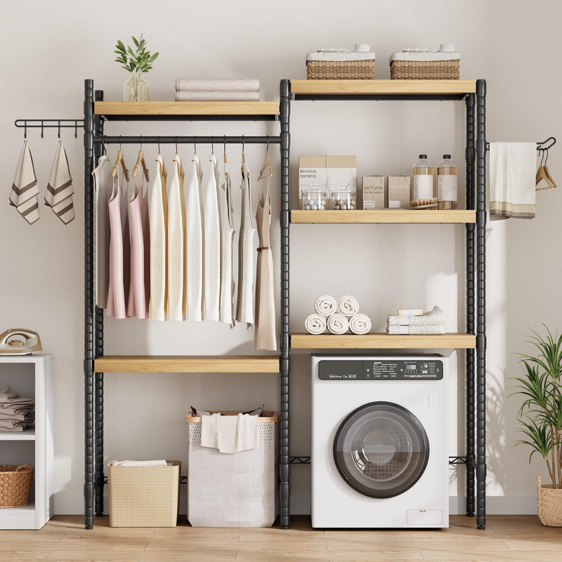 Laundry Room Organization and Storage,5 Tier Wood Over The Washer and Dryer Storage Shelf with Drying Clothes Racks,Space Saver Heavy Duty Bathroom Laundry Shelf for Home Storage and Decor
