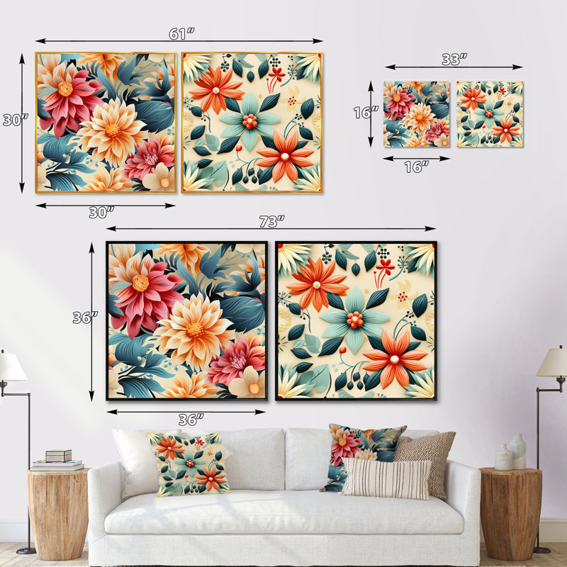 Rétro kaléidoscope floral Melody - ensemble de 2 collages floraux carrés, Toile tendue, H 16 po x l 33 po